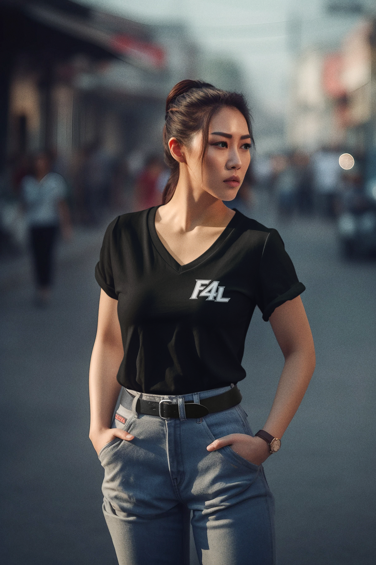 Fan For Life (F4L Offset White Logo) -  Unisex Jersey Short Sleeve V-Neck Tee